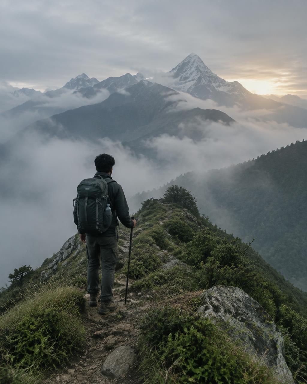 A lone hiker walking along a misty mountain ridge